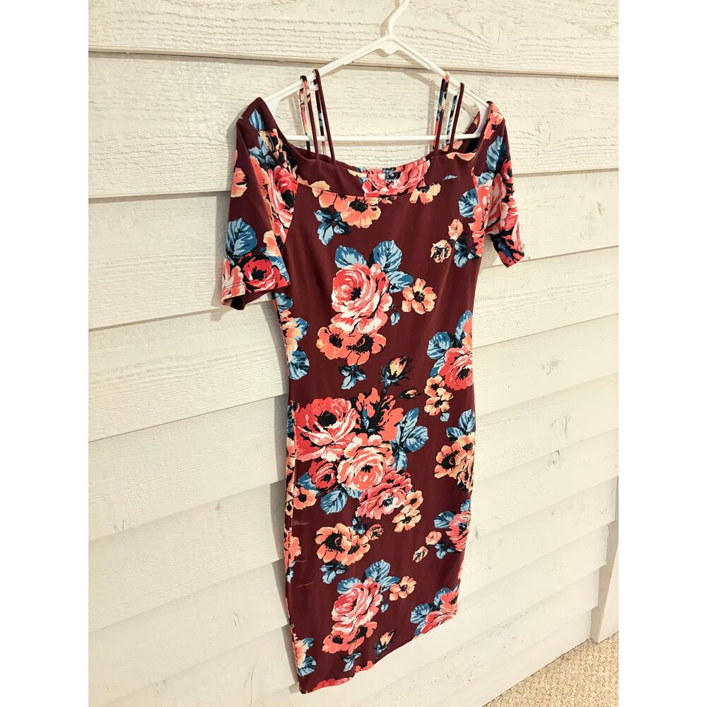Floral Bodycon Dress | Off Shoulder Strappy | Size M | Burgundy Pink Blue - Picture 3 of 7